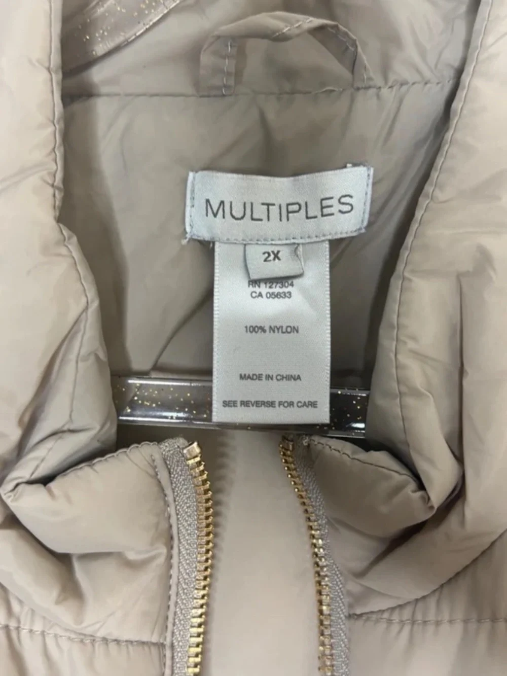 Multiples Women’s 2X Quilted Lightweight Vest Taupe Zip Front NWOT